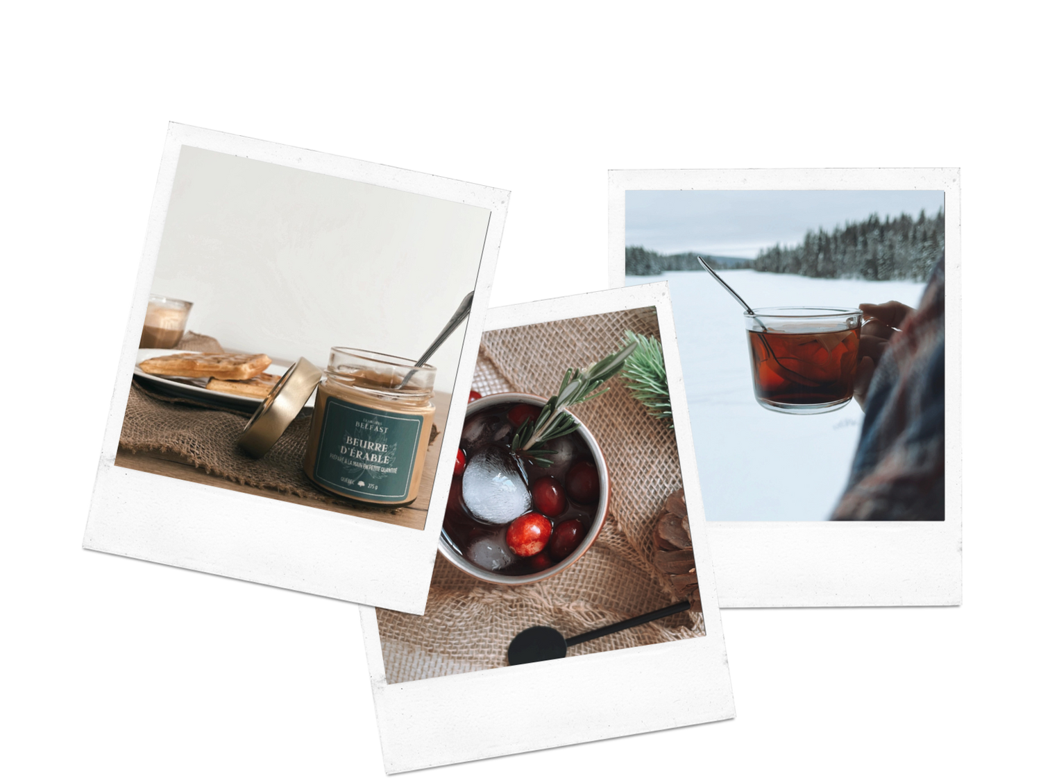 trois photos polaroid comprenant une photo de gaufres au beurre d'érable, un cocktail et une ponce d'hiver infusée