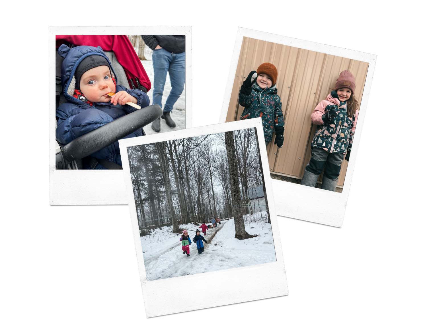 trois photos polaroid d'enfants à la cabane à sucre